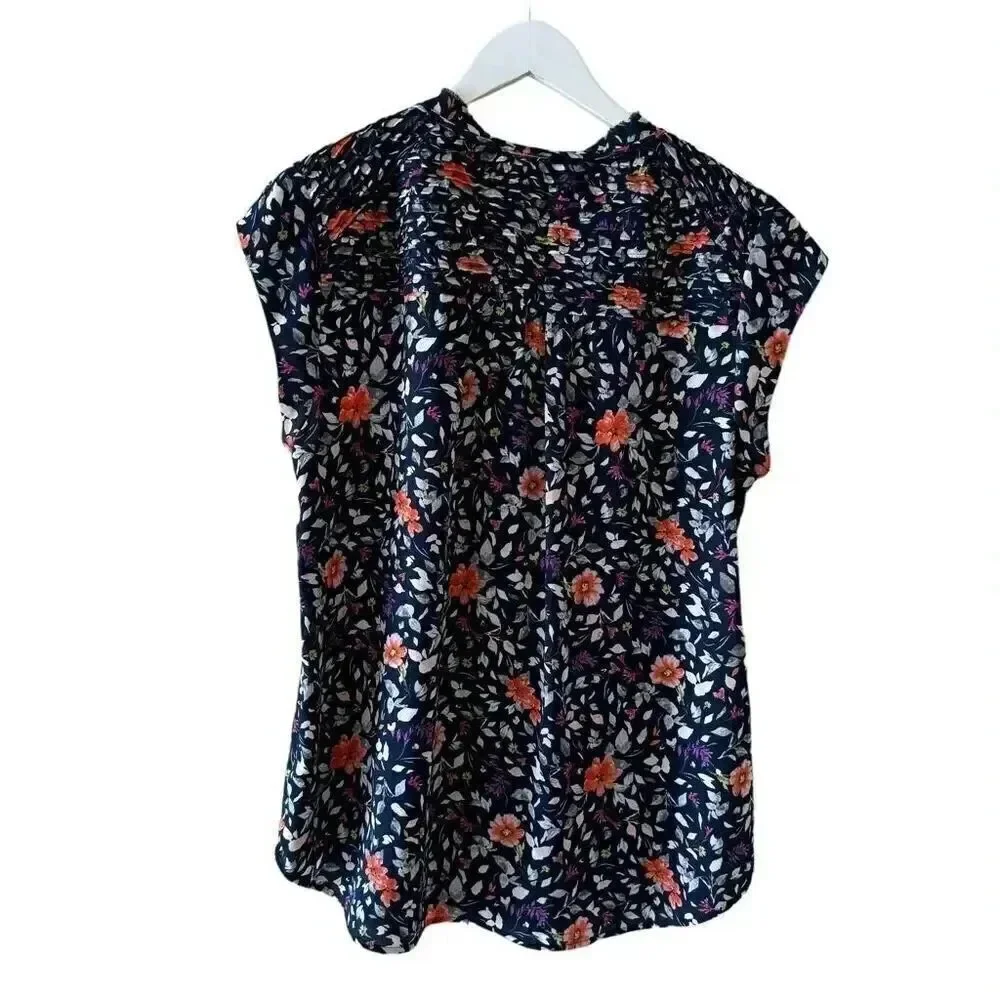 Anthropologie Danielrainn Floral Print Blouse Top Short Sleeve Chiffon L #2205